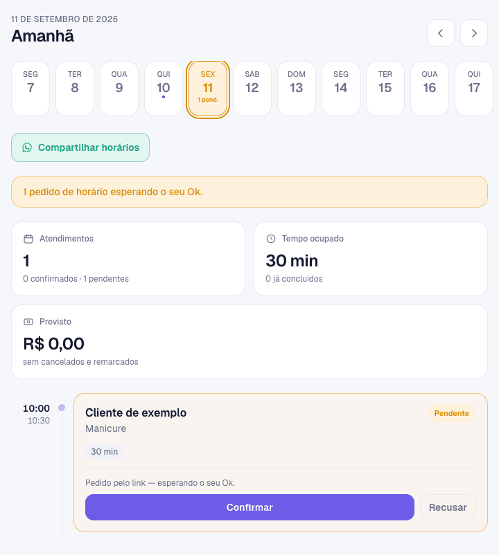 Agenda com dia laranja e pedido de horário aguardando confirmação