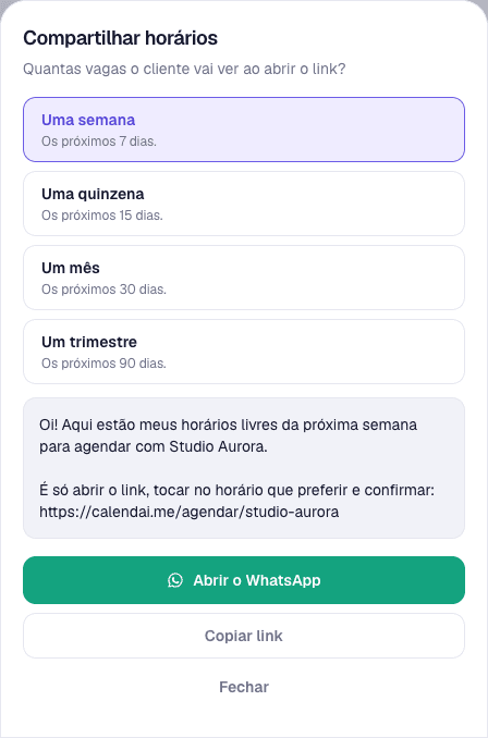Janela Compartilhar horários com seleção do período, Abrir o WhatsApp e Copiar link